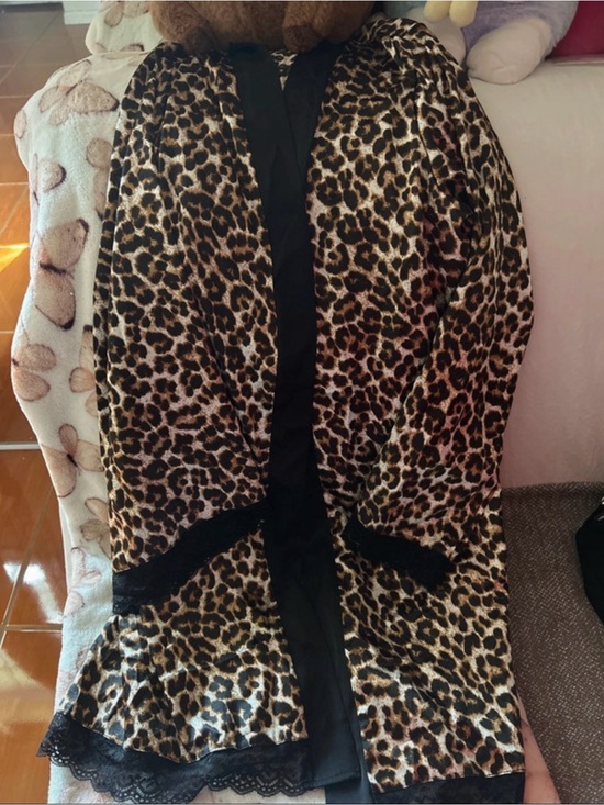 Jackets & Blazers - Leopard Print Open Front Women's robe with Black lace Trim
